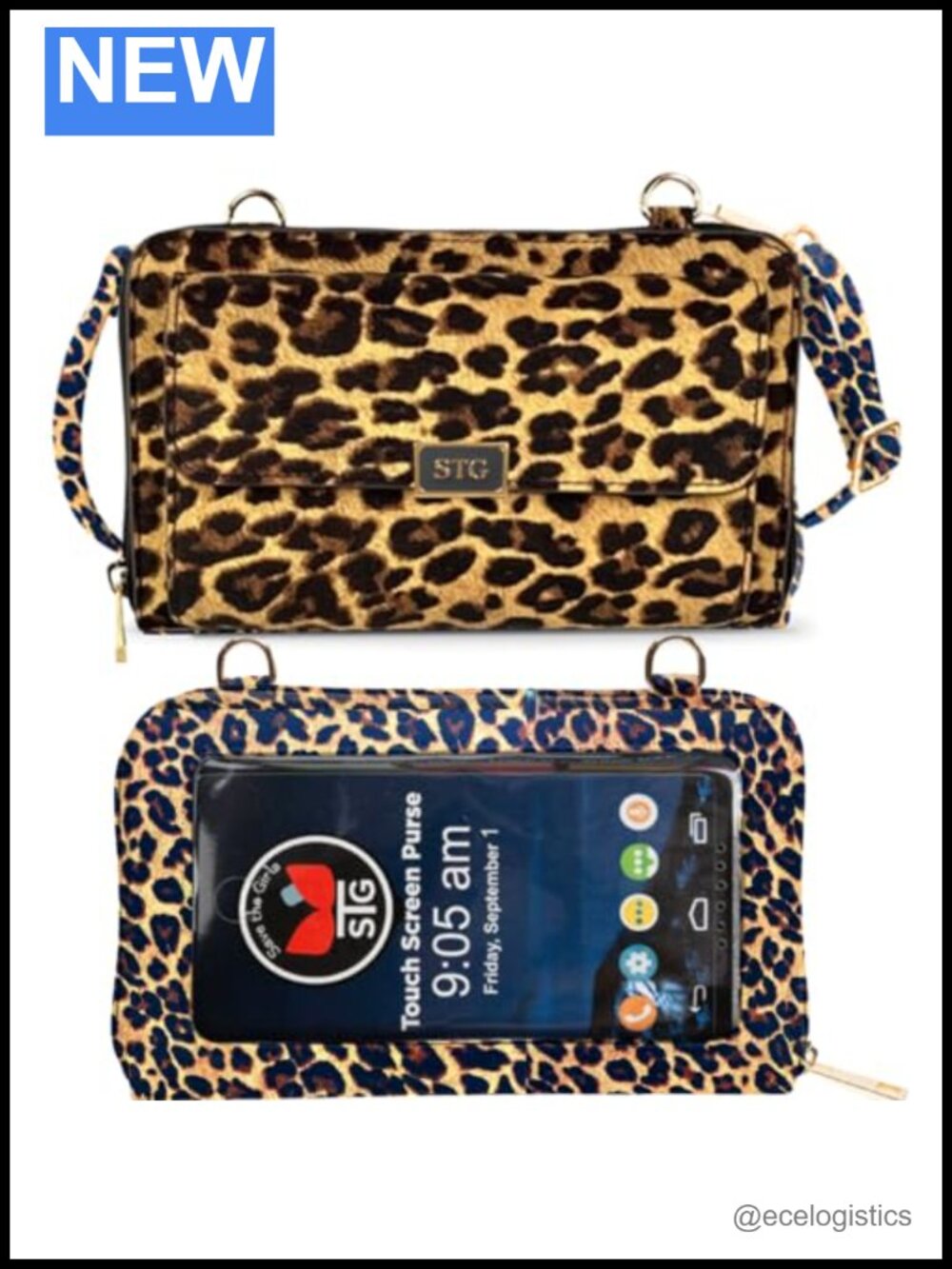 Touch Screen Crossbody Purse RFID Leopard Print Clutch with Gold Hardware